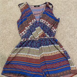 Blue Patterned Sleeveless Dress Romper